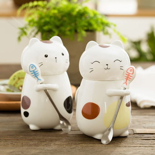 MUG - Handpainted Cat Mug With Lid & Spoon | Ceramic 400 ml
