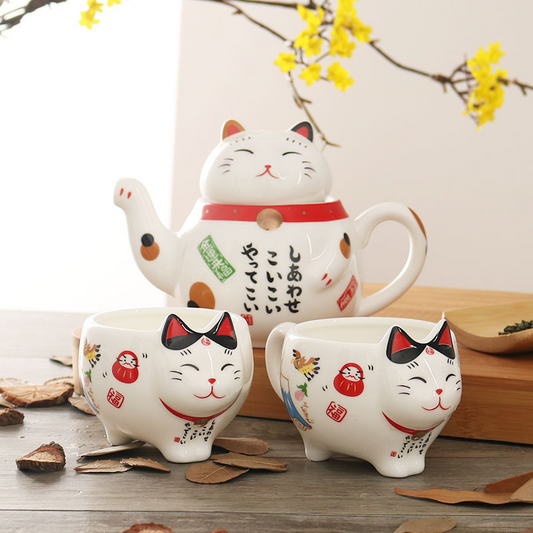 TEA SET - Japanese Lucky Cat Flower Design Set | Ceramic