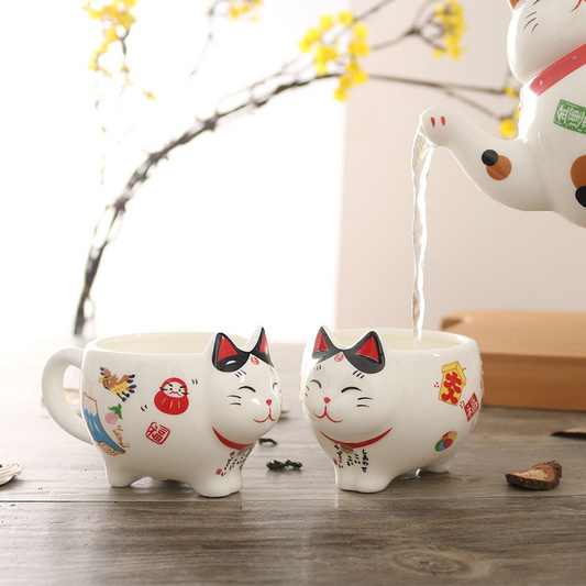 TEA SET - Japanese Lucky Cat Flower Design Set | Ceramic