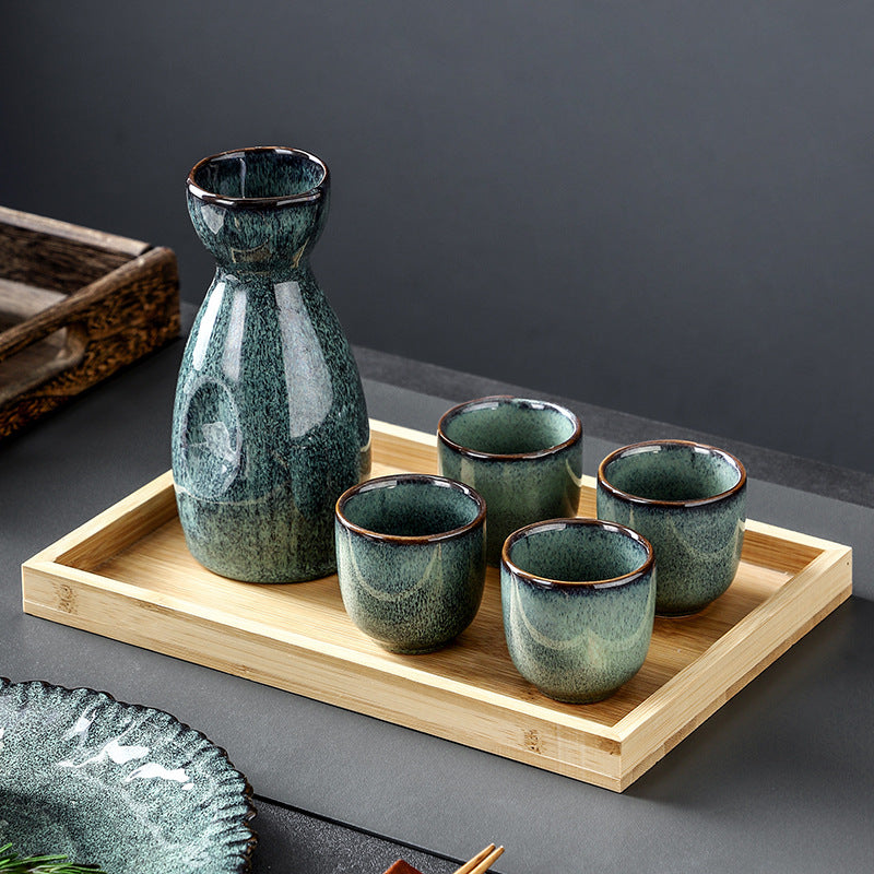 SAKE SET - Mist Green Design | Ceramic Bottle, Cups & Bamboo Tray myKyokutō