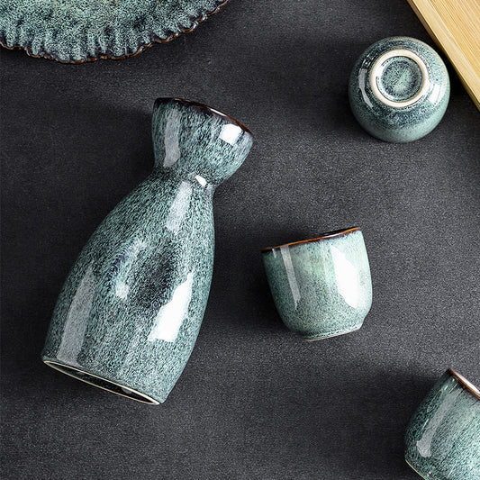 SAKE SET - Mist Green Design | Ceramic Bottle, Cups & Bamboo Tray