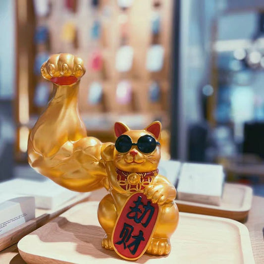 MANEKI NEKO - Golden Muscle Lucky Cat Decor | Resin