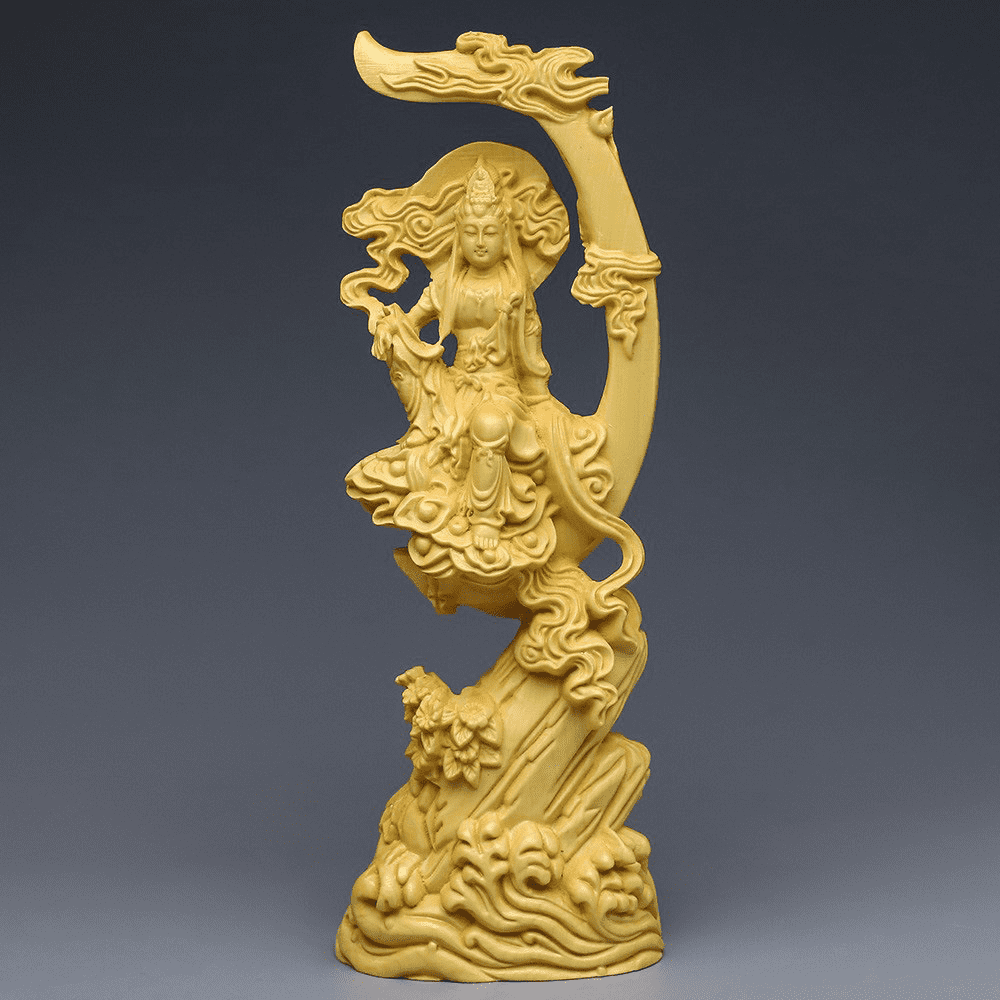 GUANYIN - Sun And Moon Bodhisattva | Boxwood Carving 20cm myKyokutō