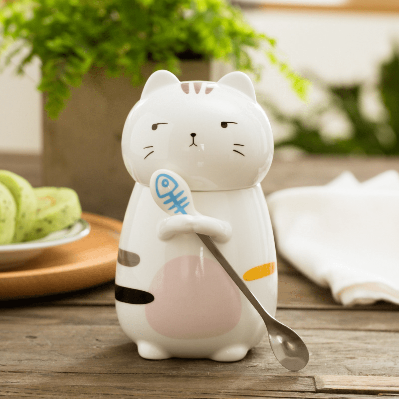 MUG - Handpainted Cat Mug With Lid & Spoon | Ceramic 400 ml Pink myKyokutō