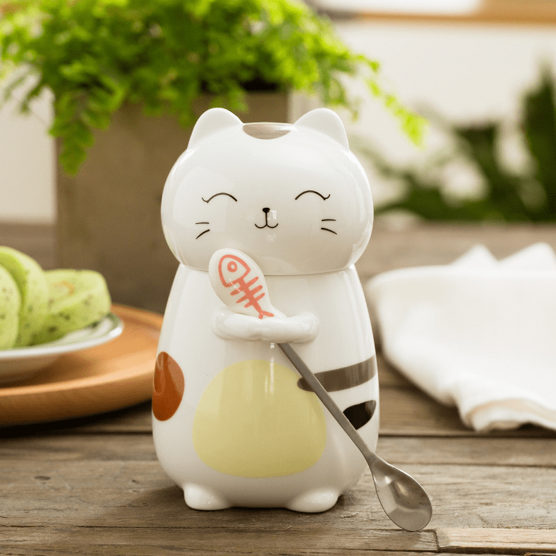 MUG - Handpainted Cat Mug With Lid & Spoon | Ceramic 400 ml Yellow myKyokutō