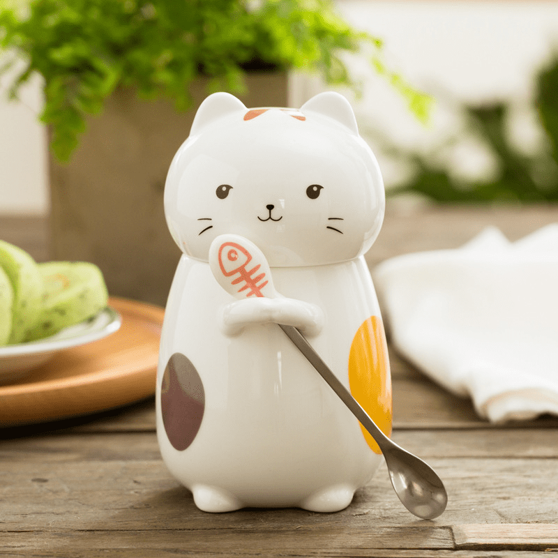 MUG - Handpainted Cat Mug With Lid & Spoon | Ceramic 400 ml Orange myKyokutō