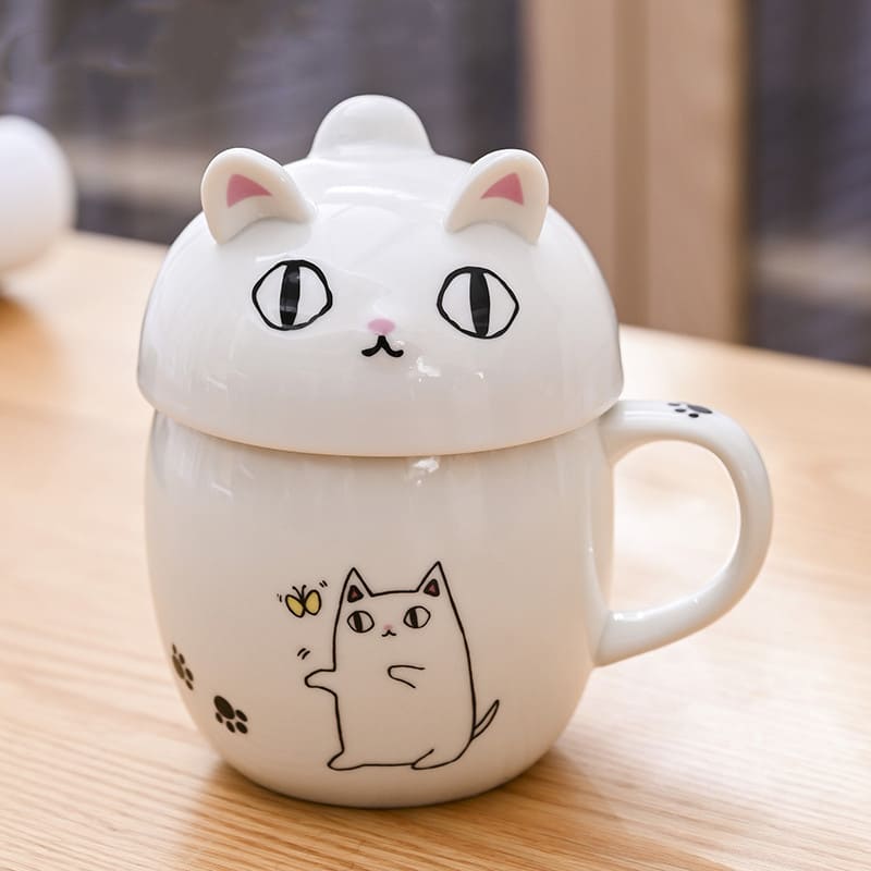 MUG - Japanese Style Cat Ceramic Mug With Lid | 300 ml White myKyokutō