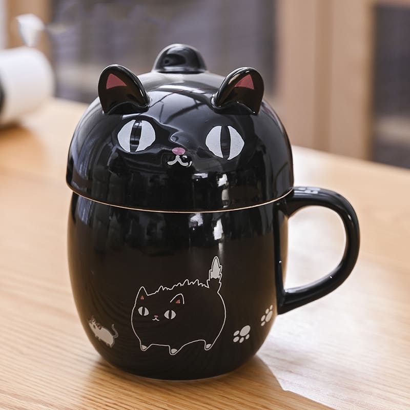 MUG - Japanese Style Cat Ceramic Mug With Lid | 300 ml Black myKyokutō