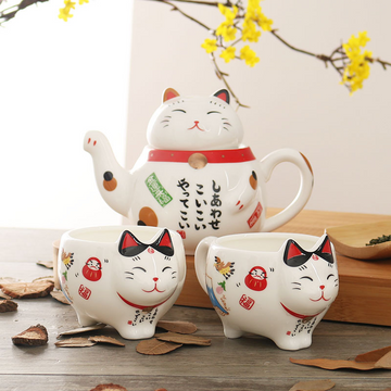 TEA SET - Japanese Lucky Cat Flower Design Set | Ceramic Polystyrene Box myKyokutō