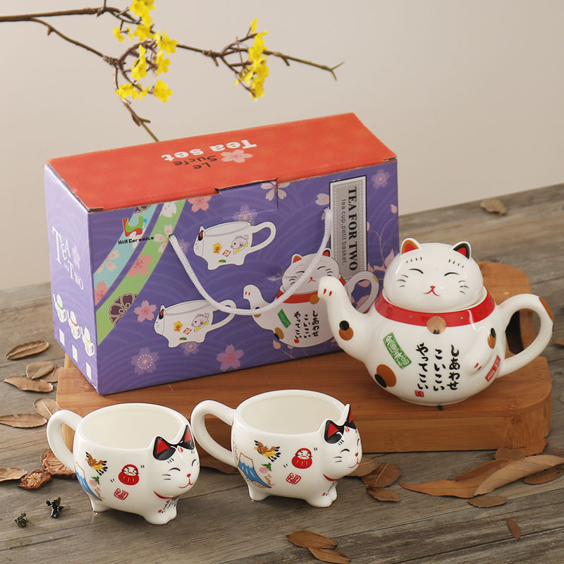 TEA SET - Japanese Lucky Cat Flower Design Set | Ceramic Gift Box myKyokutō